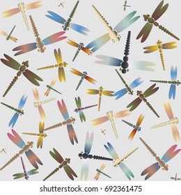 Decorative colored seamless pattern with cute dragonfly. Vintage background with many dragonflies silhouettes for your design.