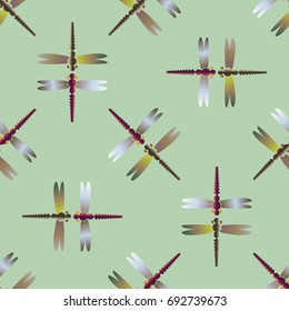 Decorative colored seamless pattern with cute dragonfly. Vintage background with many dragonflies silhouettes for your design.