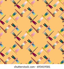 Decorative colored seamless pattern with cute dragonfly. Vintage background with many dragonflies silhouettes for your design.