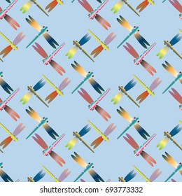Decorative colored seamless pattern with cute dragonfly. Vintage background with many dragonflies silhouettes for your design.