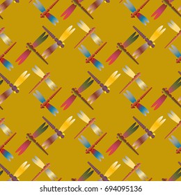 Decorative colored seamless pattern with cute dragonfly. Vintage background with many dragonflies silhouettes for your design.