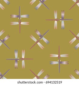 Decorative colored seamless pattern with cute dragonfly. Vintage background with many dragonflies silhouettes for your design.