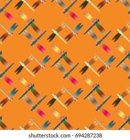 Decorative colored seamless pattern with cute dragonfly. Vintage background with many dragonflies silhouettes for your design.