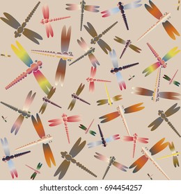 Decorative colored seamless pattern with cute dragonfly. Vintage background with many dragonflies silhouettes for your design.