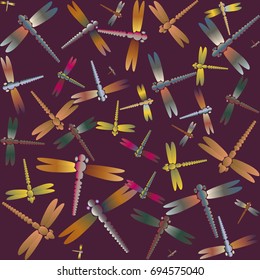 Decorative colored seamless pattern with cute dragonfly. Vintage background with many dragonflies silhouettes for your design.