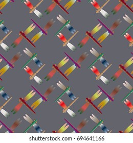 Decorative colored seamless pattern with cute dragonfly. Vintage background with many dragonflies silhouettes for your design.