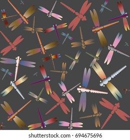 Decorative colored seamless pattern with cute dragonfly. Vintage background with many dragonflies silhouettes for your design.