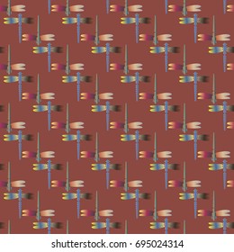 Decorative colored seamless pattern with cute dragonfly. Vintage background with many dragonflies silhouettes for your design.
