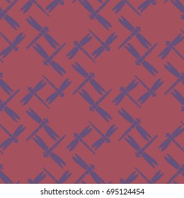 Decorative colored seamless pattern with cute dragonfly. Vintage background with many dragonflies silhouettes for your design.