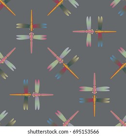 Decorative colored seamless pattern with cute dragonfly. Vintage background with many dragonflies silhouettes for your design.