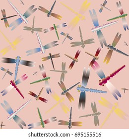 Decorative colored seamless pattern with cute dragonfly. Vintage background with many dragonflies silhouettes for your design.
