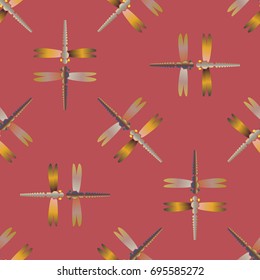 Decorative colored seamless pattern with cute dragonfly. Vintage background with many dragonflies silhouettes for your design.
