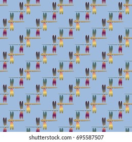 Decorative colored seamless pattern with cute dragonfly. Vintage background with many dragonflies silhouettes for your design.