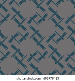 Decorative colored seamless pattern with cute dragonfly. Vintage background with many dragonflies silhouettes for your design.