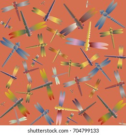 Decorative colored seamless pattern with cute dragonfly. Vintage background with many dragonflies silhouettes for your design.