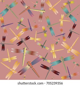 Decorative colored seamless pattern with cute dragonfly. Vintage background with many dragonflies silhouettes for your design.