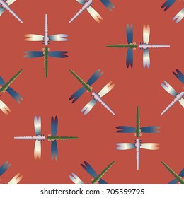 Decorative colored seamless pattern with cute dragonfly. Vintage background with many dragonflies silhouettes for your design.