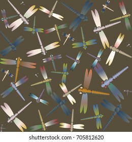 Decorative colored seamless pattern with cute dragonfly. Vintage background with many dragonflies silhouettes for your design.