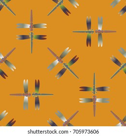 Decorative colored seamless pattern with cute dragonfly. Vintage background with many dragonflies silhouettes for your design.