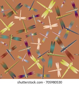 Decorative colored seamless pattern with cute dragonfly. Vintage background with many dragonflies silhouettes for your design.