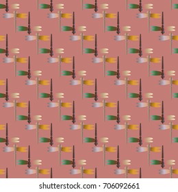 Decorative colored seamless pattern with cute dragonfly. Vintage background with many dragonflies silhouettes for your design.