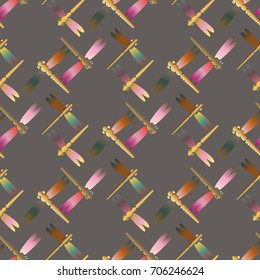 Decorative colored seamless pattern with cute dragonfly. Vintage background with many dragonflies silhouettes for your design.
