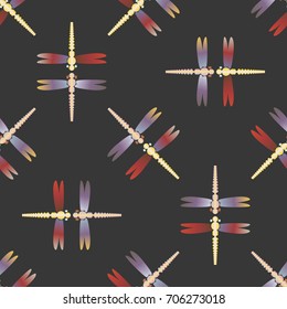 Decorative colored seamless pattern with cute dragonfly. Vintage background with many dragonflies silhouettes for your design.