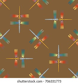 Decorative colored seamless pattern with cute dragonfly. Vintage background with many dragonflies silhouettes for your design.