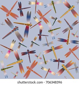 Decorative colored seamless pattern with cute dragonfly. Vintage background with many dragonflies silhouettes for your design.