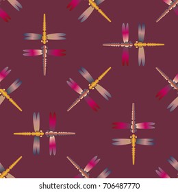 Decorative colored seamless pattern with cute dragonfly. Vintage background with many dragonflies silhouettes for your design.