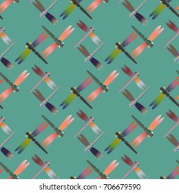 Decorative colored seamless pattern with cute dragonfly. Vintage background with many dragonflies silhouettes for your design.