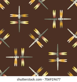 Decorative colored seamless pattern with cute dragonfly. Vintage background with many dragonflies silhouettes for your design.