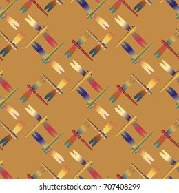 Decorative colored seamless pattern with cute dragonfly. Vintage background with many dragonflies silhouettes for your design.