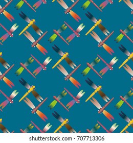 Decorative colored seamless pattern with cute dragonfly. Vintage background with many dragonflies silhouettes for your design.