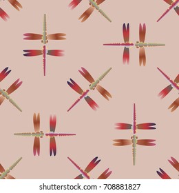 Decorative colored seamless pattern with cute dragonfly. Vintage background with many dragonflies silhouettes for your design.