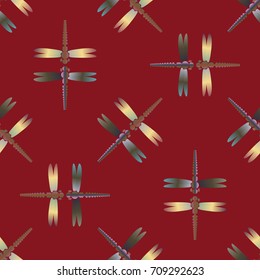 Decorative colored seamless pattern with cute dragonfly. Vintage background with many dragonflies silhouettes for your design.