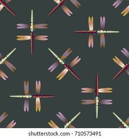 Decorative colored seamless pattern with cute dragonfly. Vintage background with many dragonflies silhouettes for your design.