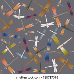 Decorative colored seamless pattern with cute dragonfly. Vintage background with many dragonflies silhouettes for your design.