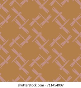 Decorative colored seamless pattern with cute dragonfly. Vintage background with many dragonflies silhouettes for your design.