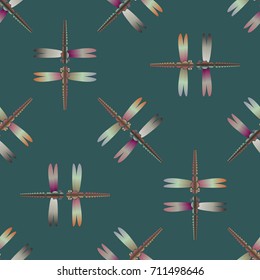 Decorative colored seamless pattern with cute dragonfly. Vintage background with many dragonflies silhouettes for your design.