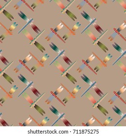 Decorative colored seamless pattern with cute dragonfly. Vintage background with many dragonflies silhouettes for your design.