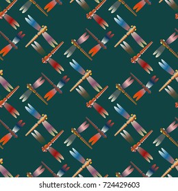 Decorative colored seamless pattern with cute dragonfly. Vintage background with many dragonflies silhouettes for your design.