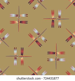 Decorative colored seamless pattern with cute dragonfly. Vintage background with many dragonflies silhouettes for your design.