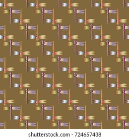 Decorative colored seamless pattern with cute dragonfly. Vintage background with many dragonflies silhouettes for your design.