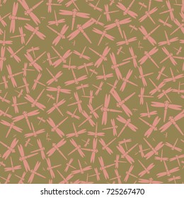 Decorative colored seamless pattern with cute dragonfly. Vintage background with many dragonflies silhouettes for your design.