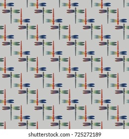 Decorative colored seamless pattern with cute dragonfly. Vintage background with many dragonflies silhouettes for your design.