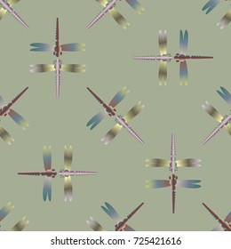 Decorative colored seamless pattern with cute dragonfly. Vintage background with many dragonflies silhouettes for your design.