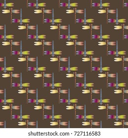 Decorative colored seamless pattern with cute dragonfly. Vintage background with many dragonflies silhouettes for your design.