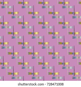 Decorative colored seamless pattern with cute dragonfly. Vintage background with many dragonflies silhouettes for your design.