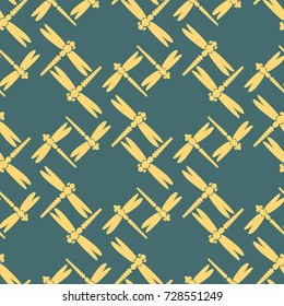 Decorative colored seamless pattern with cute dragonfly. Vintage background with many dragonflies silhouettes for your design.